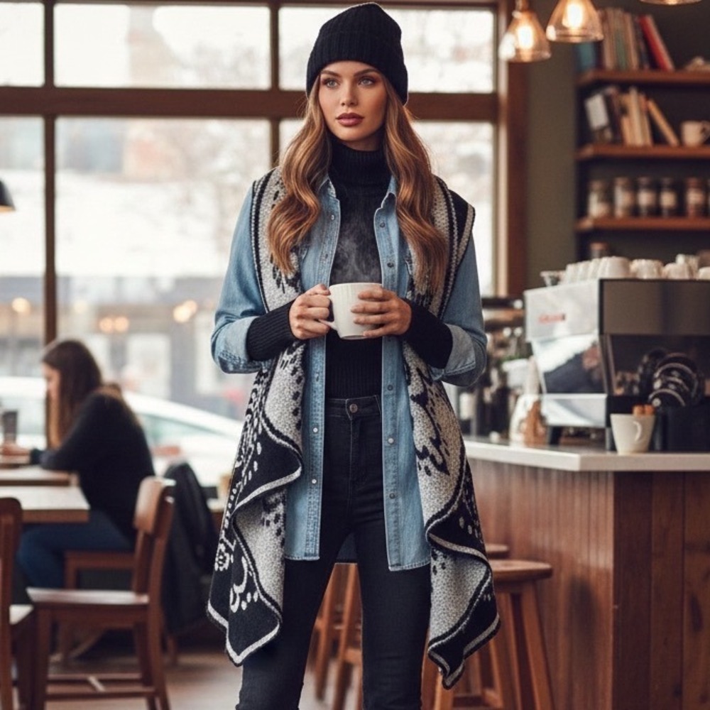 Cupio Women Black Gray Paisley Boho Open Front Shawl Collar Knit Vest S